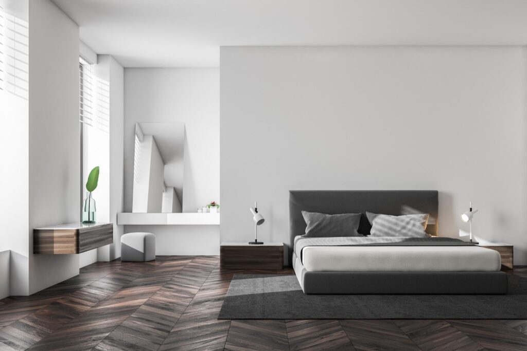 Bed with a headboard and matching nightstands