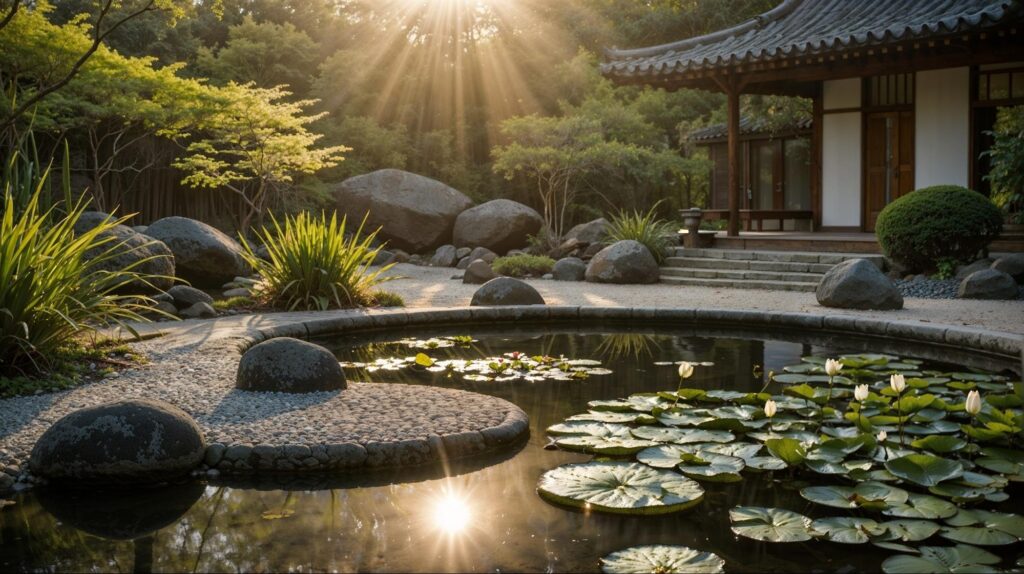 Zen garden with a pond and lily pads