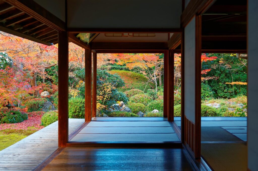 Inside view of an engawa with a garden seen through sliding screen doors